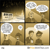 Graduation celebration dinner with family and friends- Swank eats up the last of his student loan.