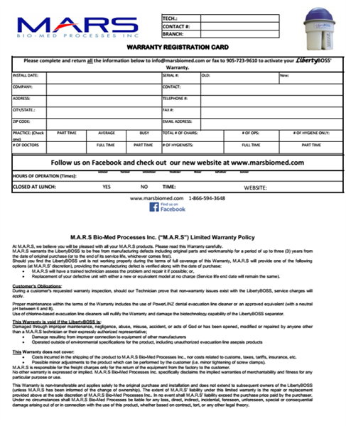 Required Procedures for LibertyBOSS Replacements, Returns and Warranty Registration Card